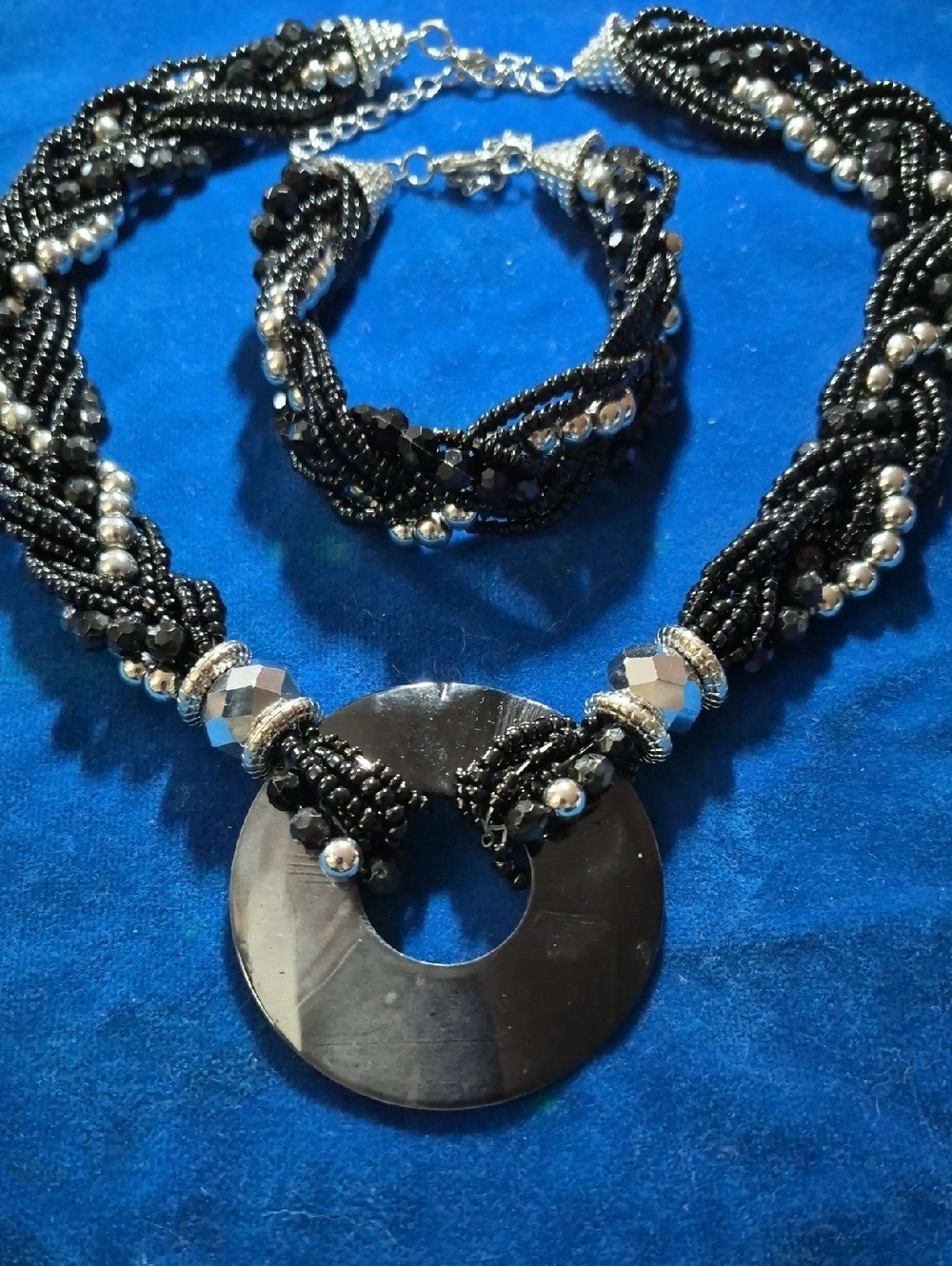 Black Beaded Statement Necklace and Bracelet Set